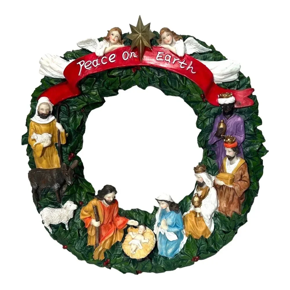 Nativity Christmas Scene Manger w/Top Star Light  Resin 12" Wreath Wall Hanging‎ - Picture 2 of 7